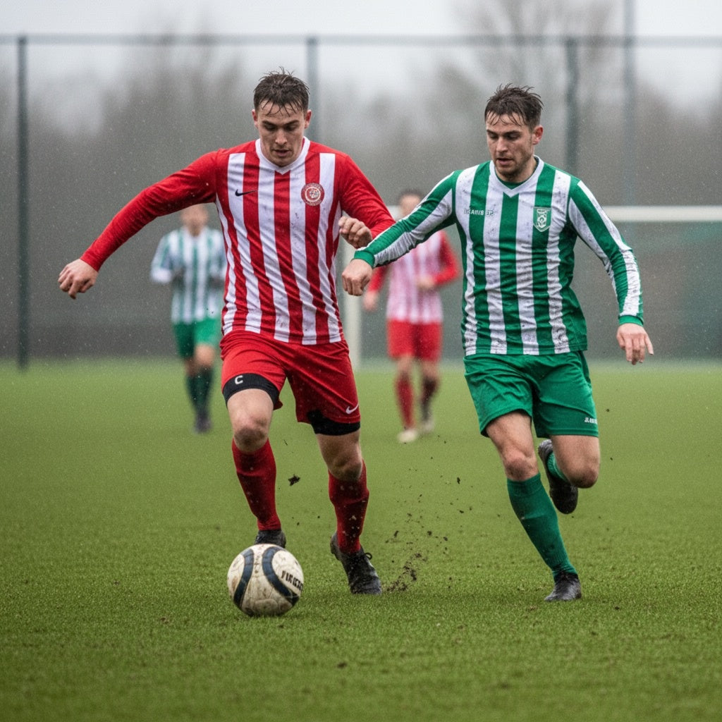 Amateurvoetballer in rood-wit tenue sprint met de bal op nat kunstgras, met zichtbaar zwarte CELER compressieshort onder het voetbalbroekje; intens duel tegen team in groen-wit, regenachtige zaterdag amateurvoetbal sfeer.